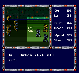 Cyber Knight (SNES) screenshot: A battle in a green dungeon