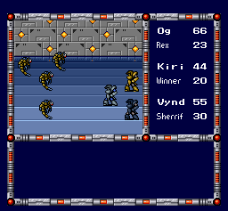 Cyber Knight (SNES) screenshot: A battle in a bluish dungeon