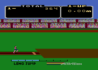 The Activision Decathlon (Atari 8-bit) screenshot: Approaching the long jump line