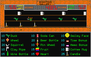 Shooting Gallery (DOS) screenshot: The first game, shoot as much objects as possible within a certain time and with a certain amount of bullets.