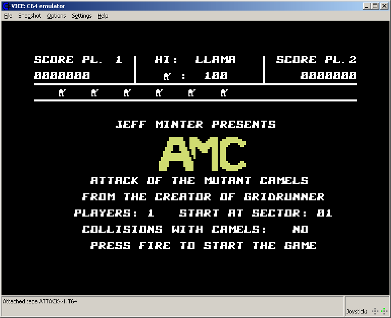 C64 Classix (Windows) screenshot: Title screen of Attack of the Mutant Camels