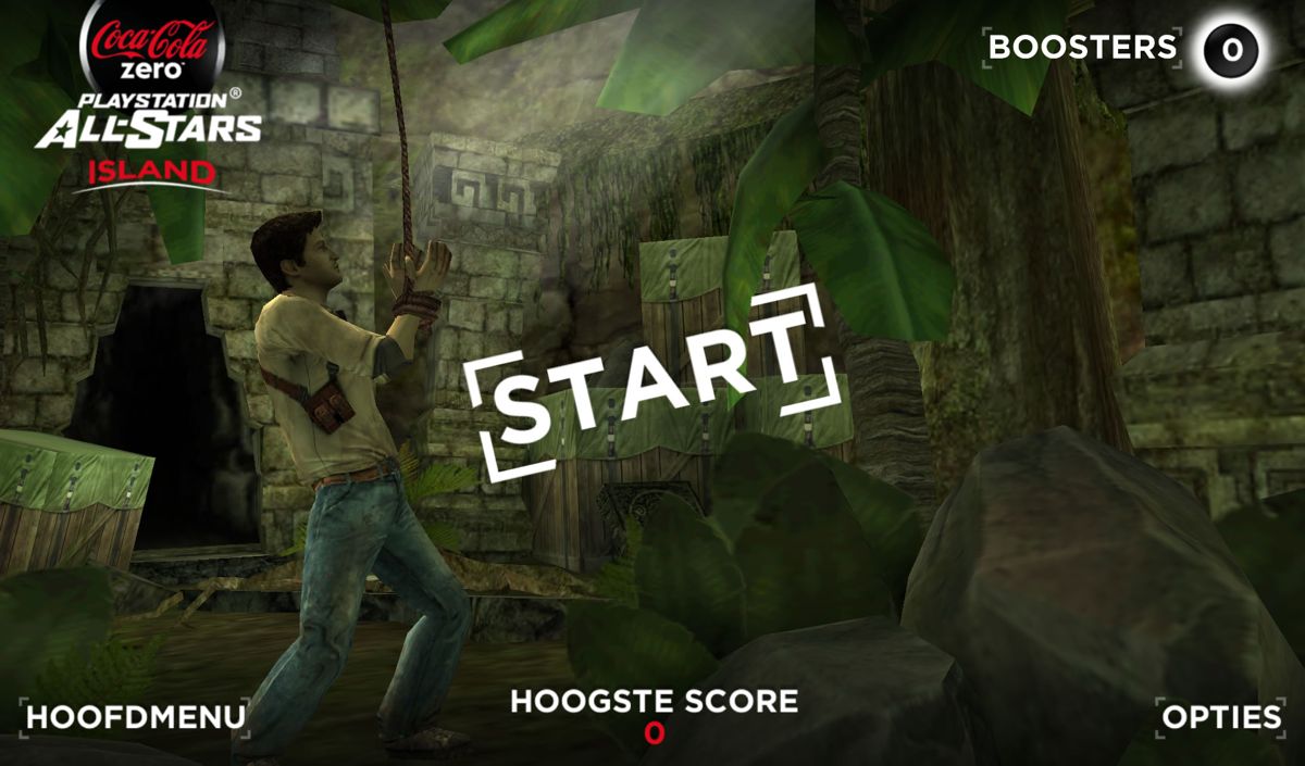 PlayStation All-Stars Island (Android) screenshot: The main menu for <i>Uncharted: Drake's Pursuit</i> (Dutch version)