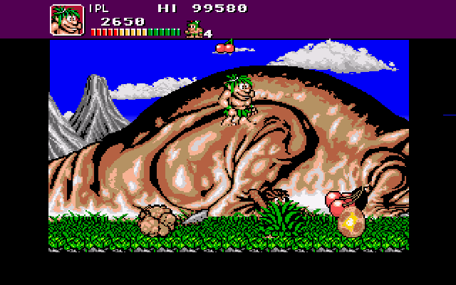 Joe & Mac: Caveman Ninja (Amiga) screenshot: On the dinosaur's leg. Since the dinosaur is asleep, it has no idea