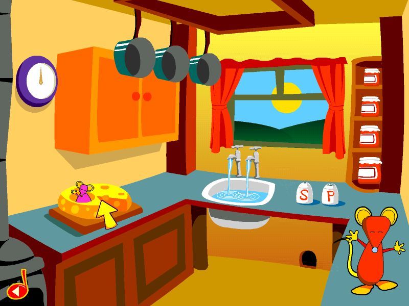 Mouse Music (Windows) screenshot: Old MacDonald's Farm Lots of little things for the child to click on. A mouse pops out of the cheese, the pans clang, water runs from the taps etc