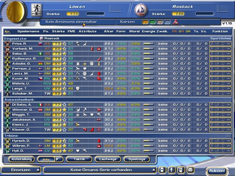 Soccer Manager Pro (Windows) screenshot: your players with their attributes