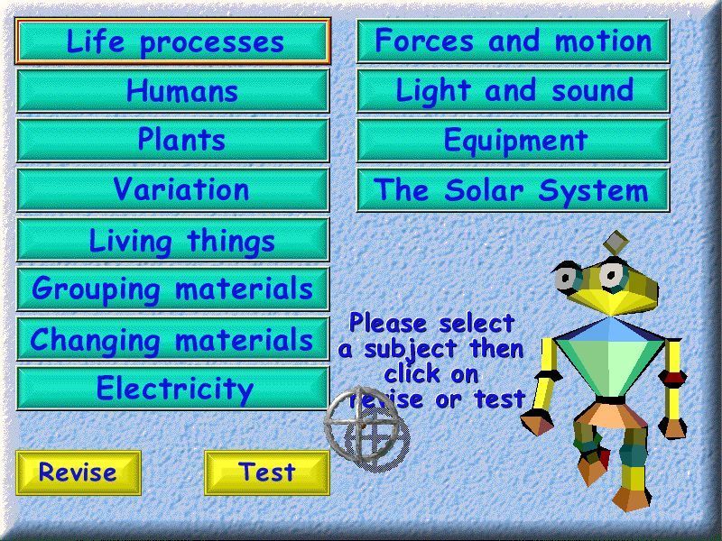 Action SATS Learning: Key Stage 1 4-7 Years: Early Science (Windows) screenshot: These are the game's levels / topics Each level can be played individually, or revised as the game calls it and the player can take a ten question test