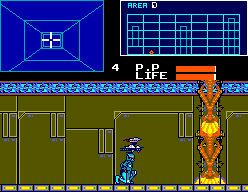 Cyborg Hunter (SEGA Master System) screenshot: Paladin ducks under a flying cyborg in Area D