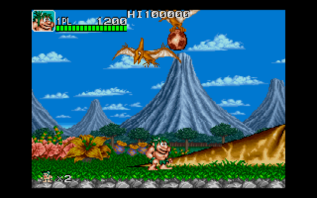 Joe & Mac: Caveman Ninja (DOS) screenshot: Pterodactyls are our enemies.