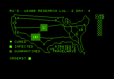 BioTerror! (Commodore PET/CBM) screenshot: Two cities have been quarantined and the research level was upgraded.