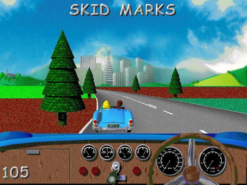 Action SATS Learning: Key Stage 1 4-7 Years: Phonic Spelling (Windows) screenshot: Playing the mini game 'Skid Marks' It's not immediately obvious but the blue car in the picture is the car the player is driving, the dashboard is just window dressing