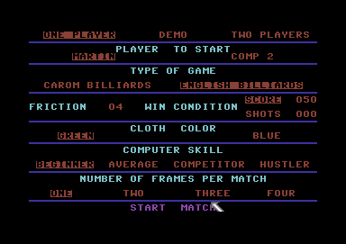 Clubhouse Sports (Commodore 64) screenshot: Billiards options