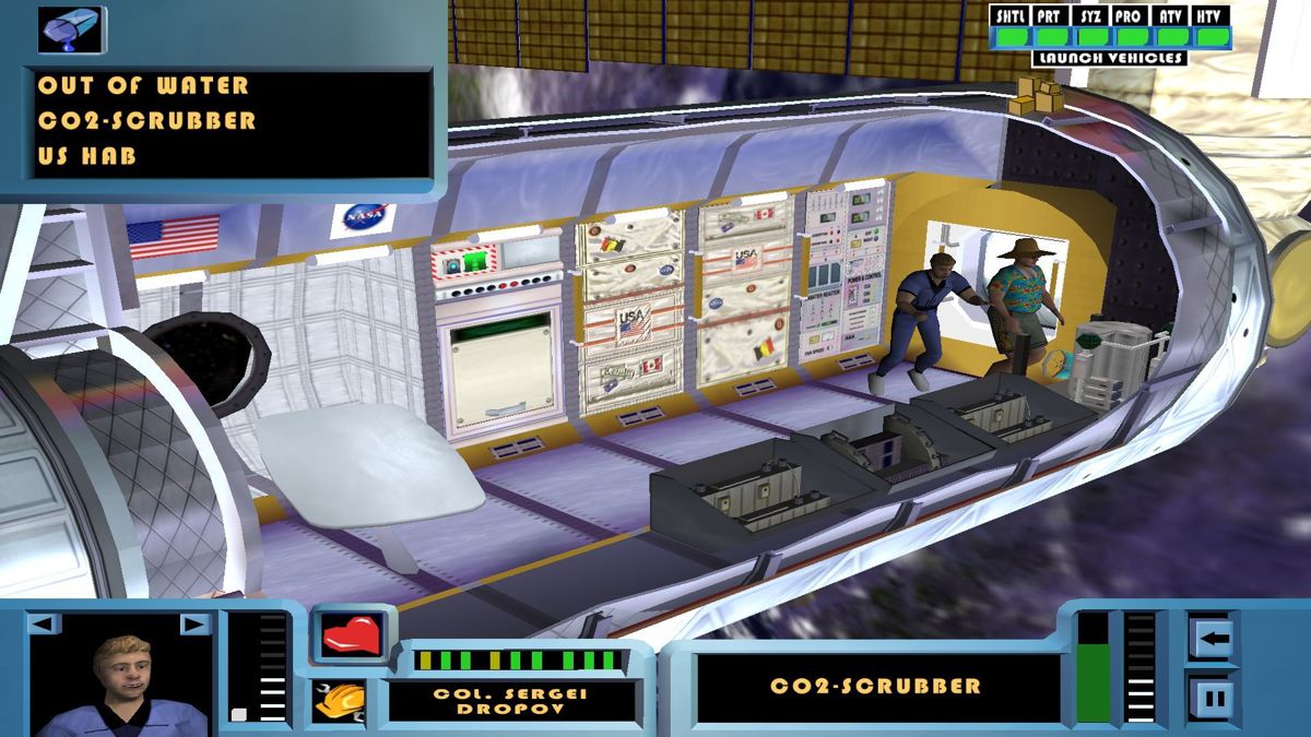SpaceStationSim (Windows) screenshot: Things around the space tourist seem to malfunction Here the CO2 scrubber is not working, it needs water to operate The station needs resupplying, this is shown by the boxes in the upper right