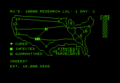 BioTerror! (Commodore PET/CBM) screenshot: Game start. Two cities are infected.
