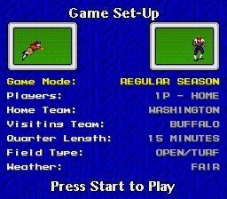 John Madden Football '93 (SNES) screenshot: Game Set-up screen