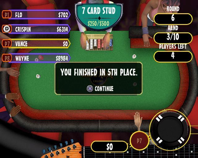Hard Rock Casino (PlayStation 2) screenshot: When playing in the Poker Tournaments direct from the menu the player does not play as the character they created. Tournaments are usually in 'heats' where the player must finish in the top three