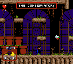 The Addams Family (Genesis) screenshot: Flying fishes in the conservatory
