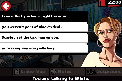 Clue (iPhone) screenshot: Confront those involved in the argument and you'll uncover more information.