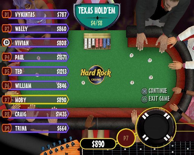 Hard Rock Casino (PlayStation 2) screenshot: There are five kinds of poker in the Hard Rock Casino, they can be played in Tournament mode or Standard mode. Standard mode has five different sets of table limits