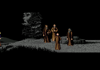 Warlock (Genesis) screenshot: The evil developers of the game gather into an ominous circle, programming the gruesome death scenes for the protagonist
