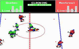 FaceOff! (DOS) screenshot: Dickson is send off for elbowing, the 3 bars at the top of the screen indicate the health of the lines (EGA).