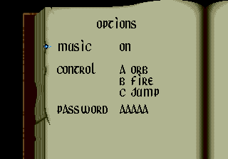 Warlock (Genesis) screenshot: Nice options screen. Looks like... uh... a book?