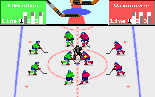 FaceOff! (DOS) screenshot: The game starts with a face off, you battle for the puck in the top window (VGA).
