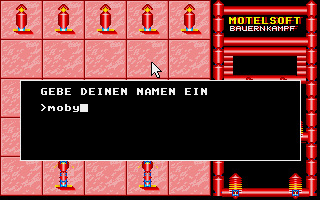 Bauernkampf (Atari ST) screenshot: Game start: entering the name. You also see the base settings: two knights at the bottom, five pawns at the top