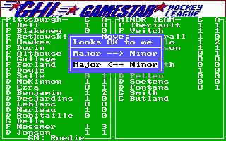 FaceOff! (DOS) screenshot: Move players from your minor to your major team (EGA).