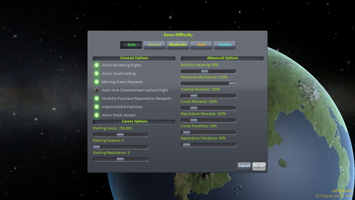 Kerbal Space Program (Windows) screenshot: Start of game options