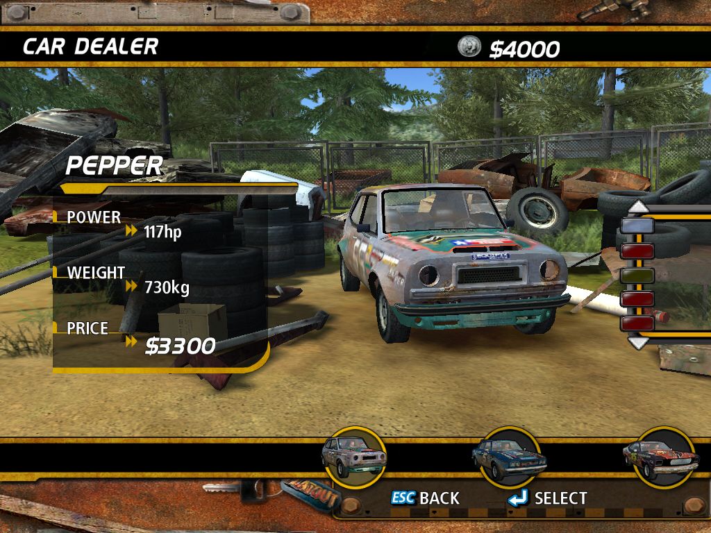 FlatOut (Windows) screenshot: Pepper is the cheapest car in the game... you can see why!