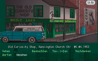The Clue! (DOS) screenshot: An "old curiosity shop". Very good loot, but hard to sell