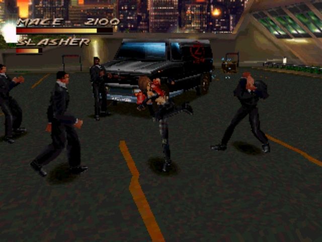 Fighting Force (PlayStation) screenshot: Classic beat'em'up gameplay. One against many...except their stupid and usually follow Hollywood bad guy rules about attacking one at a time.