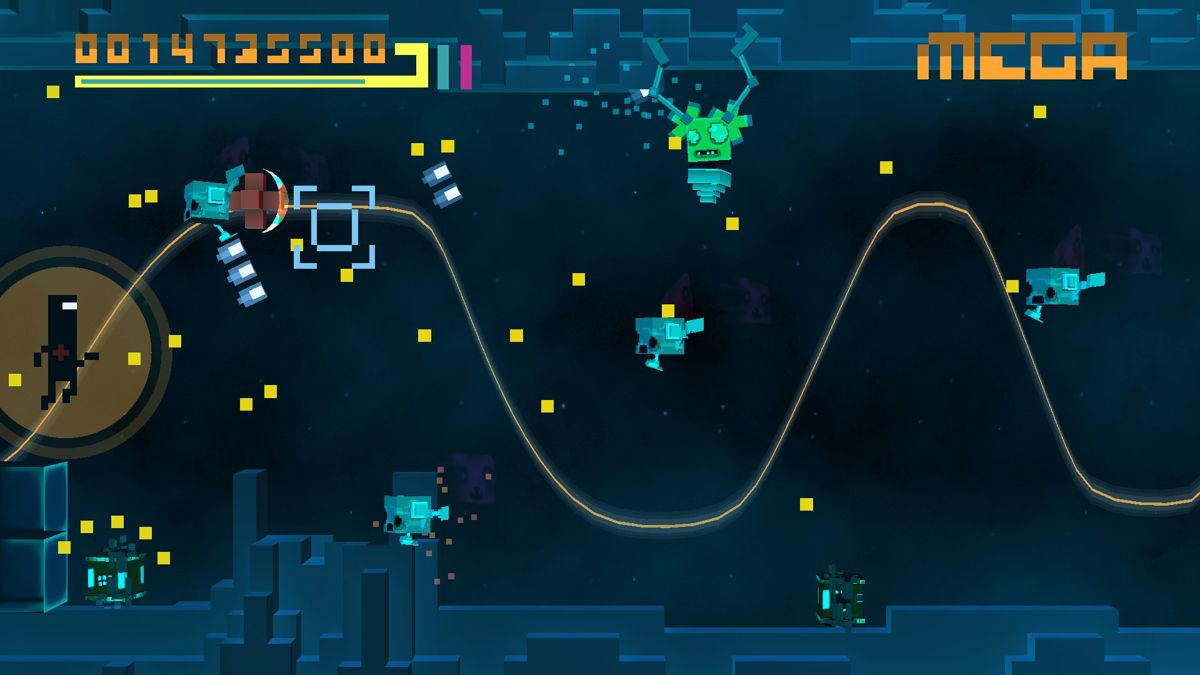 Bit.Trip Fate (Windows) screenshot: Gameplay. Firing to enemies. And yellow enemy bullets.