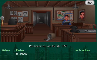 The Clue! (DOS) screenshot: The police precinct, no place were Matt should hang to long