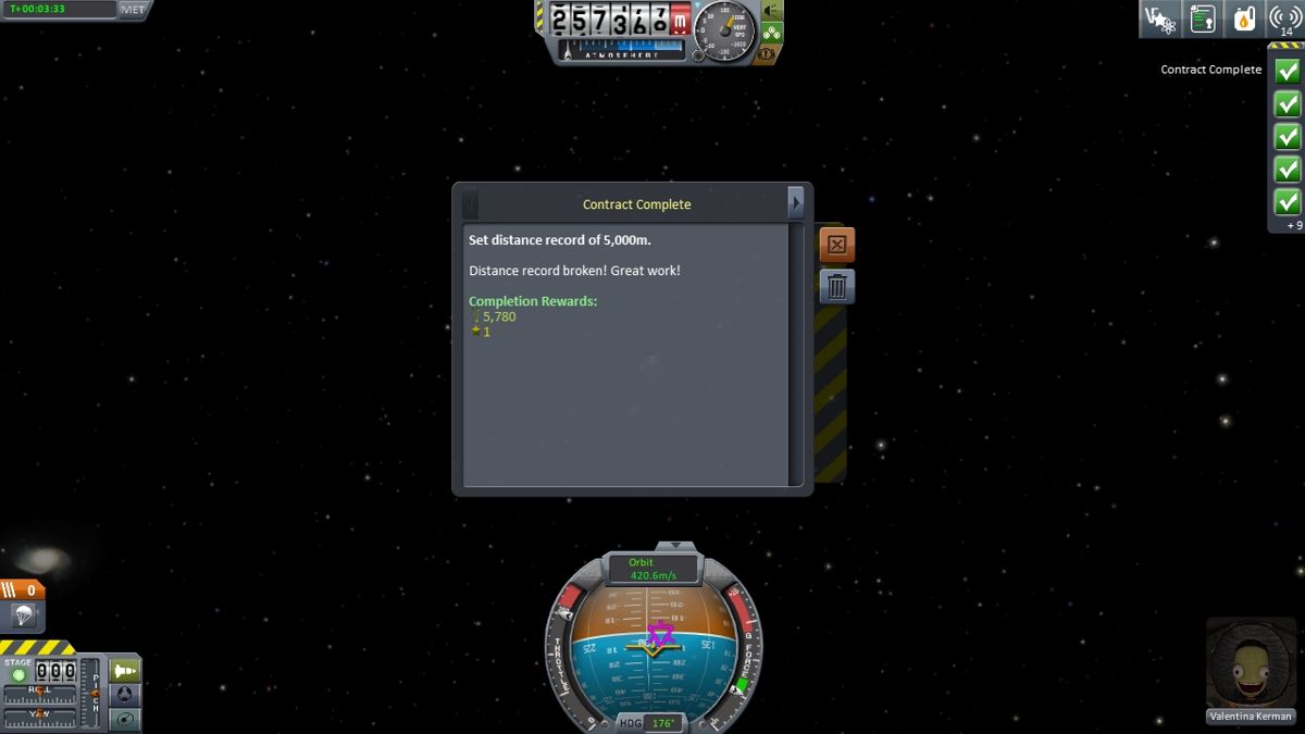 Kerbal Space Program (Windows) screenshot: A completed contract
