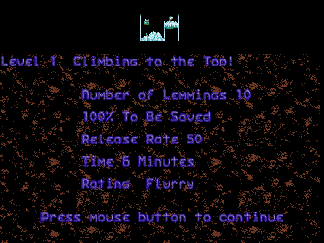 Holiday Lemmings (DOS) screenshot: Holiday '93 - beginning Level 1