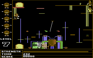 The California Raisins (Commodore 64) screenshot: The game begins on level 7 of the factory
