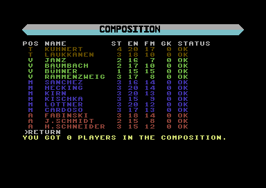 Starbyte Super Soccer (Commodore 64) screenshot: My team.