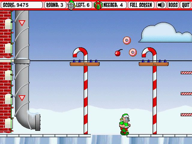 Adventure Elf (Windows) screenshot: Pipes allow you to descend quickly while frozen surfaces slow you down.