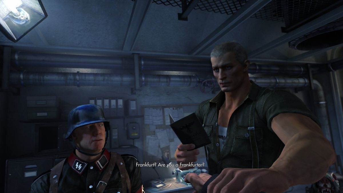 Wolfenstein: The Old Blood (Windows) screenshot: Rudi Jäger, a new villain for this entry. Oh, and once again I don't know why but I couldn't help but laugh at that glassy eyed guards gormless expression. The out of context quote helps.