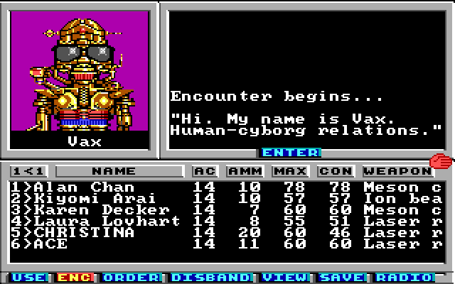Wasteland (DOS) screenshot: VAX, the best NPC in the entire game (EGA)