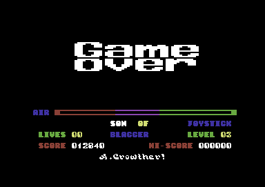 Son of Blagger (Commodore 64) screenshot: Game over
