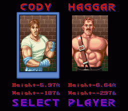 Final Fight (SNES) screenshot: [Final Fight] Choose your fighter. As you can see, Guy is missing