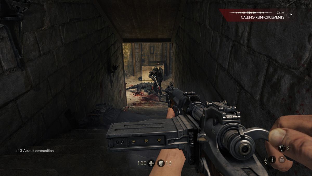 Wolfenstein: The Old Blood (Windows) screenshot: Another new weapon. It's a bolt action rifle and is responsible for that little massacre down there.