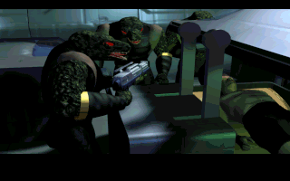 Fade to Black (DOS) screenshot: Waking up from cryonic sleep, just to get captured by the Morphs (Intro)