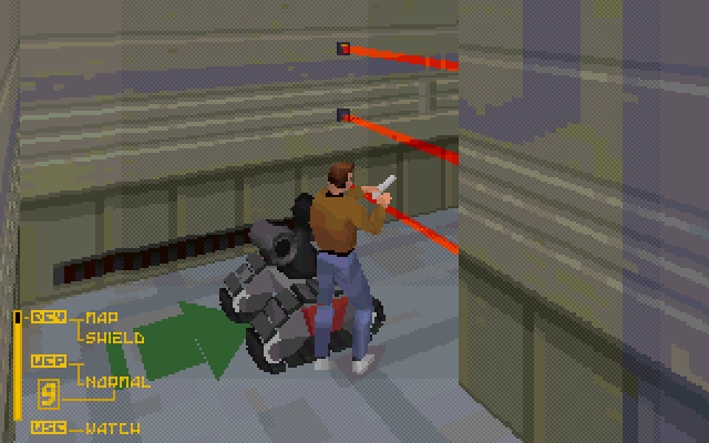 Fade to Black (DOS) screenshot: Reloading your gun after spending a few bullets on a bot (those we saw in "Flashback" as 2d platform sprites).