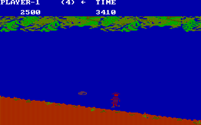 Jungle Hunt (PC Booter) screenshot: Jump over boulders (CGA with RGB monitor)