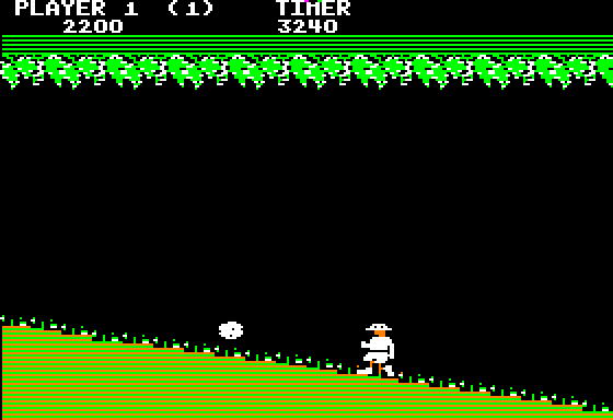 Jungle Hunt (Apple II) screenshot: Jumping over boulders