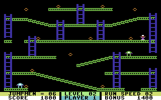 Jumpman (Commodore 64) screenshot: Watch out for those troublesome robots