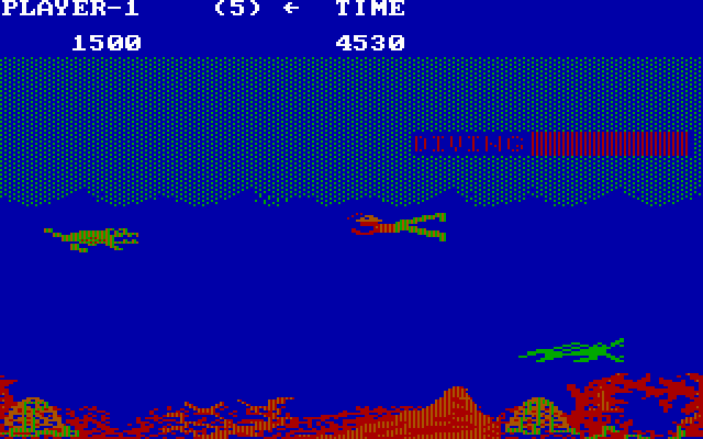 Jungle Hunt (PC Booter) screenshot: Avoid the crocodiles (CGA with RGB monitor)